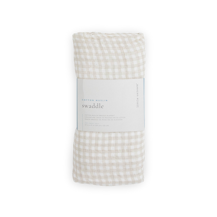Little Unicorn swaddling muslin blanket - Tan Gingham, soft and breathable for babies.