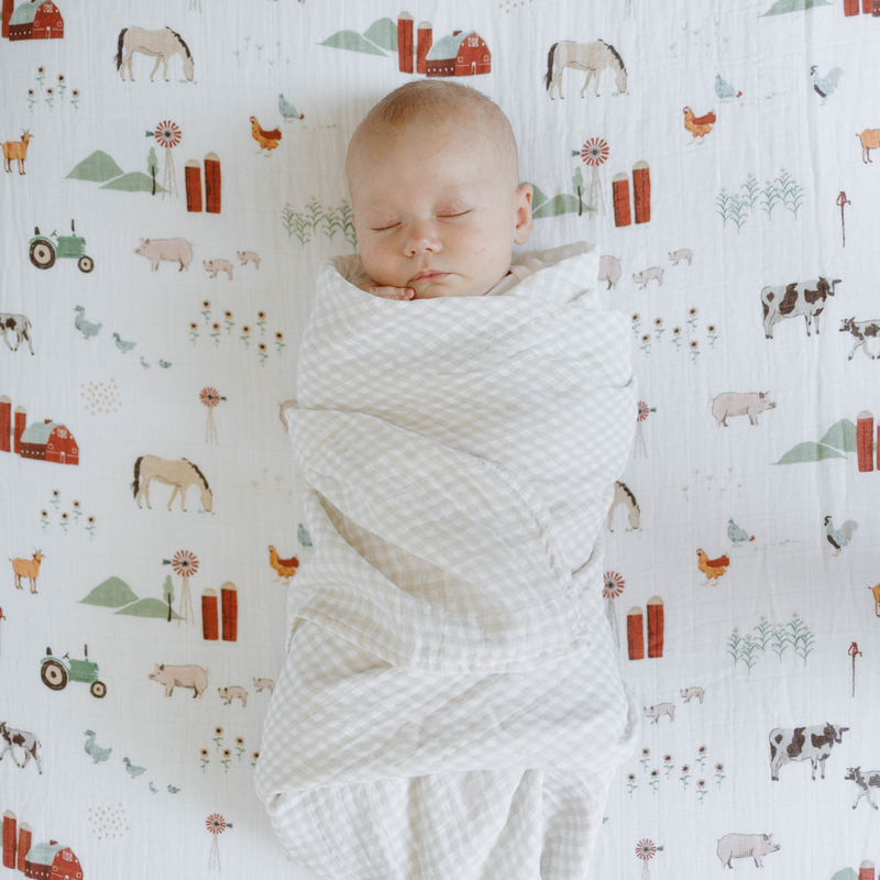 Muslin for swaddling by Little Unicorn, Tan Gingham pattern, perfect infant muslin blankets.