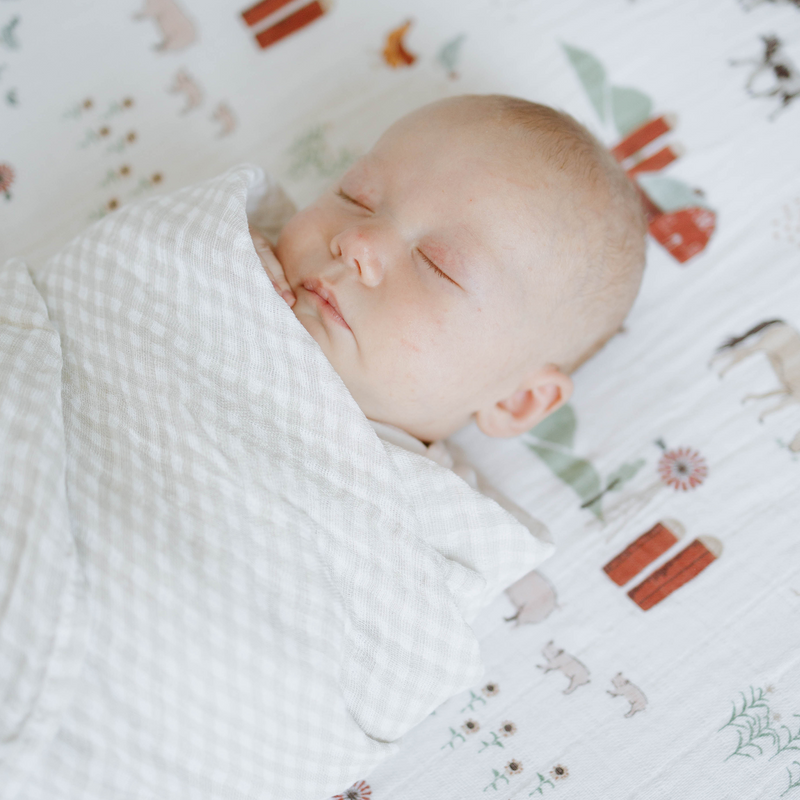 Soft swaddle cloth muslin by Little Unicorn in Tan Gingham, gentle for newborns.