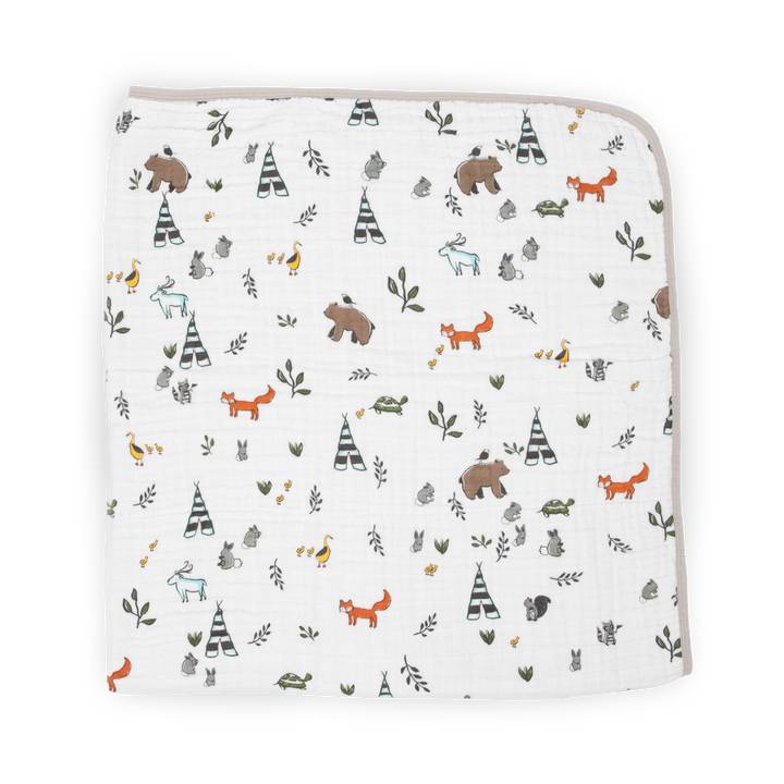 Close-up of Little Unicorn Original Cotton Muslin Quilt - Forest Friends, showcasing the soft texture of premium muslin baby blankets.