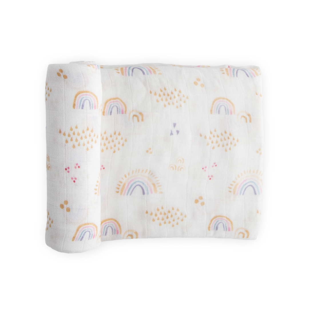 Little Unicorn Deluxe Muslin Swaddle Blanket - Rainbows & Raindrops, soft baby blanket for newborns