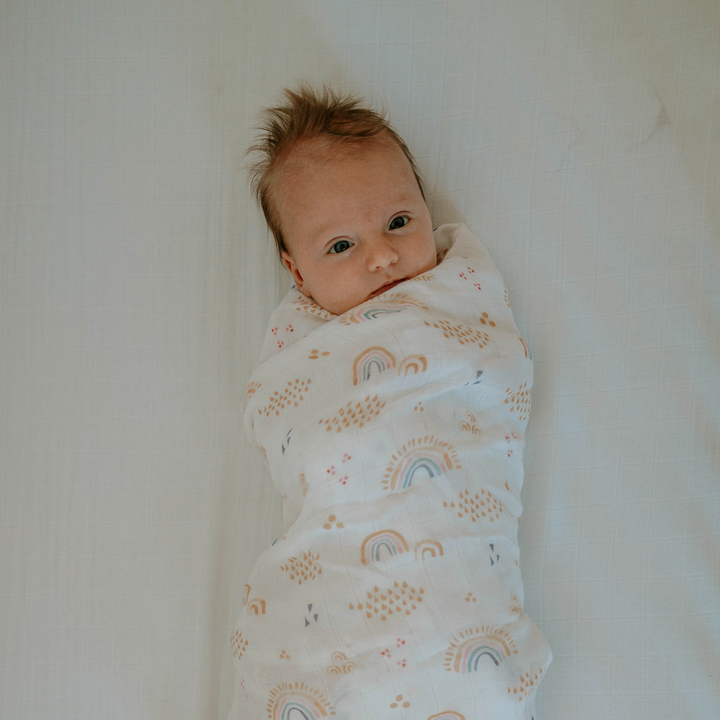 Gentle and soft Little Unicorn Deluxe Muslin Swaddle Blanket - Rainbows & Raindrops, muslin baby blankets