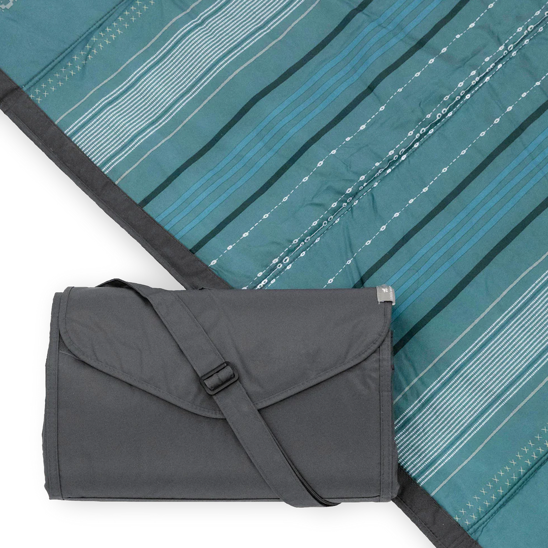 Little Unicorn Outdoor Blanket - Shoreline Stripe spread on grass, waterproof outdoor blanket perfect for picnics