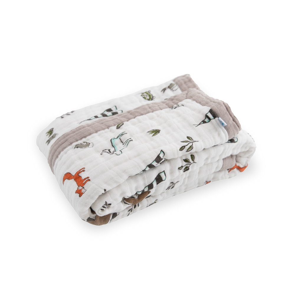 Close-up of Little Unicorn Cotton Muslin Baby Quilt - Forest Friends highlighting the soft, breathable muslin fabric.