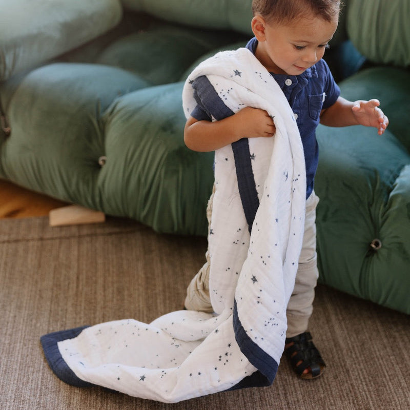 Adorable Little Unicorn Cotton Muslin Baby Quilt - Shooting Stars featuring starry prints, perfect as a gentle muslin blanket.