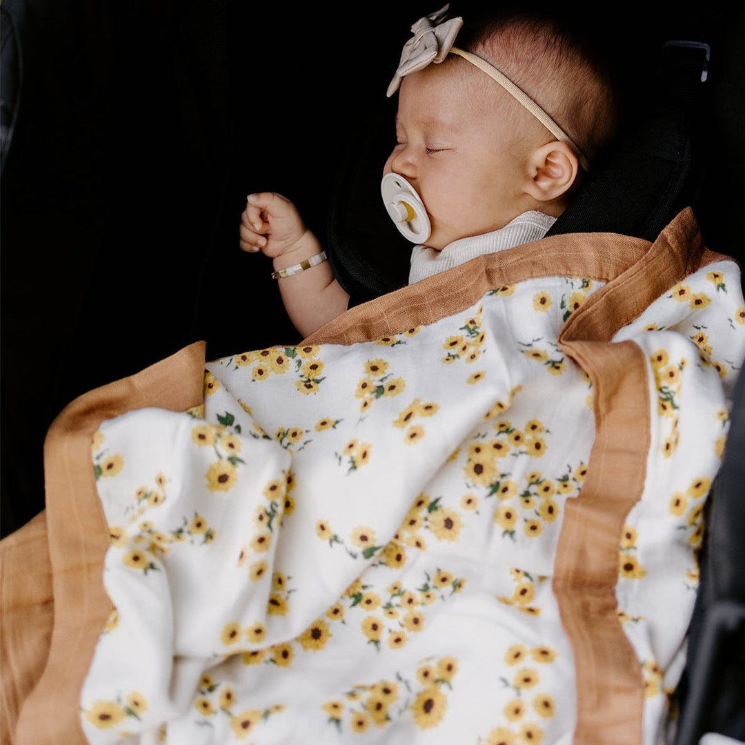 Little Unicorn Deluxe Muslin Baby Quilt - Ditsy Sunflower, lightweight muslin quilt for cozy baby cuddles