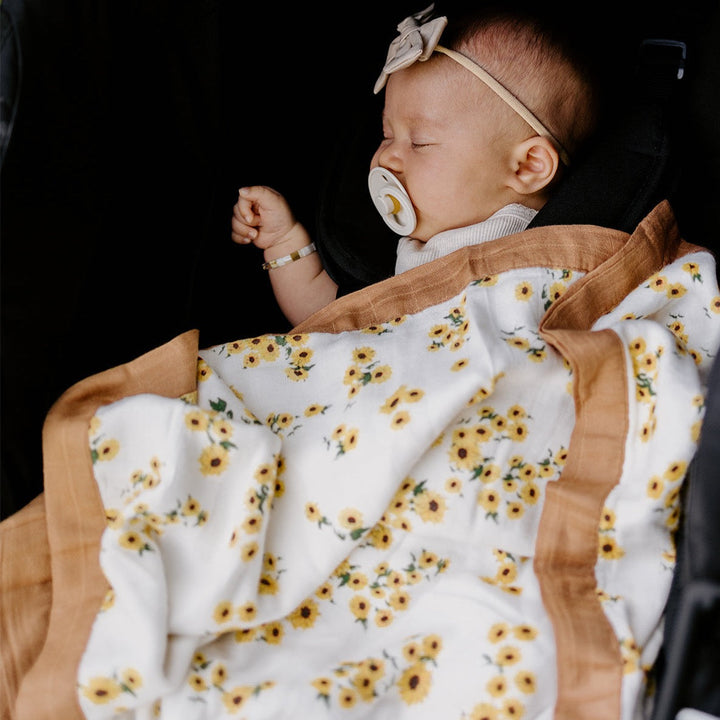 Little Unicorn Deluxe Muslin Baby Quilt - Ditsy Sunflower, lightweight muslin quilt for cozy baby cuddles