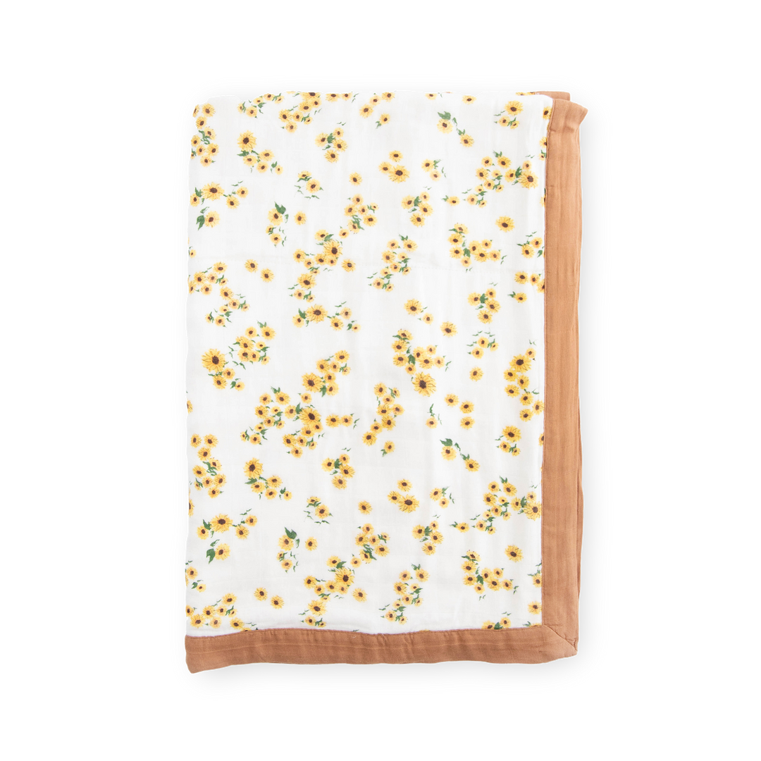 Little Unicorn Deluxe Muslin Baby Quilt - Ditsy Sunflower in cheerful sunflower print, soft baby blanket for infants