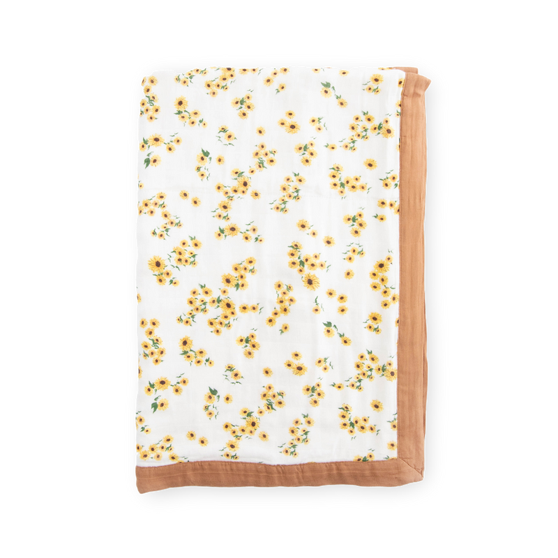 Little Unicorn Deluxe Muslin Baby Quilt - Ditsy Sunflower in cheerful sunflower print, soft baby blanket for infants