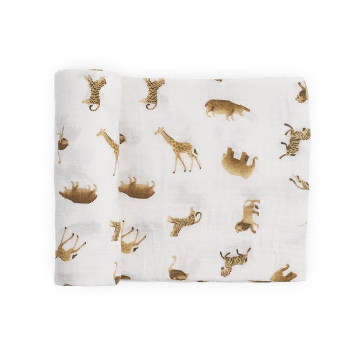 Little Unicorn Organic Cotton Muslin Swaddle Blanket in Animal Crackers, soft baby blanket for newborns.