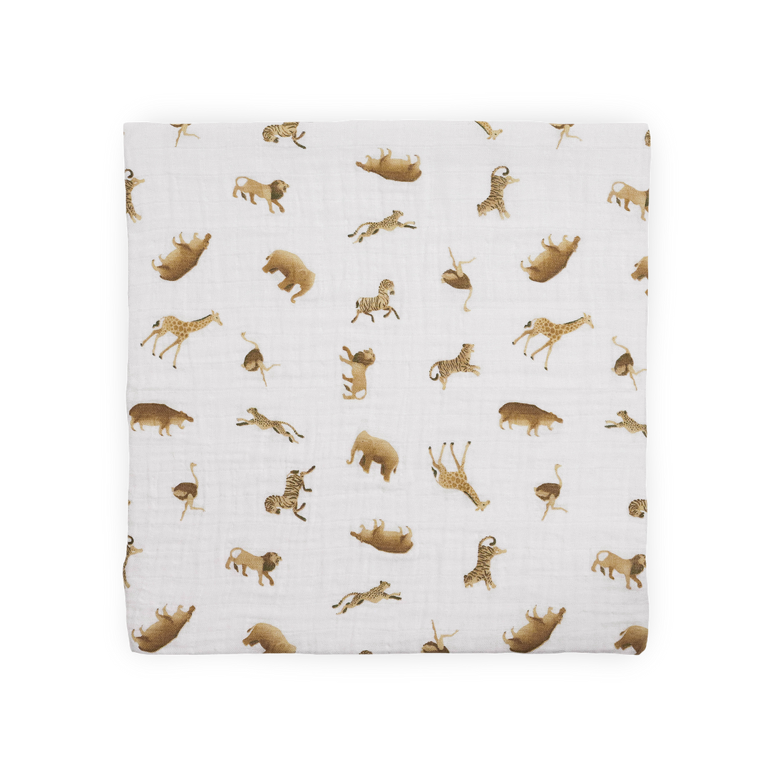 Gentle infant muslin blankets by Little Unicorn, Organic Cotton Muslin Swaddle Blanket in Animal Crackers.