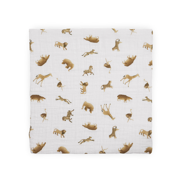 Gentle infant muslin blankets by Little Unicorn, Organic Cotton Muslin Swaddle Blanket in Animal Crackers.