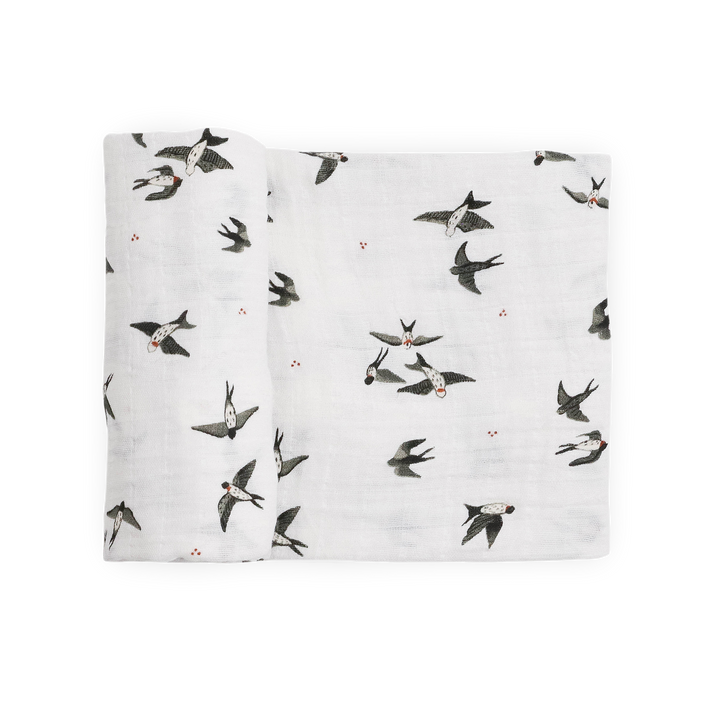 Little Unicorn Organic Cotton Muslin Swaddle Blanket in Swallows, soft baby blanket for newborns.