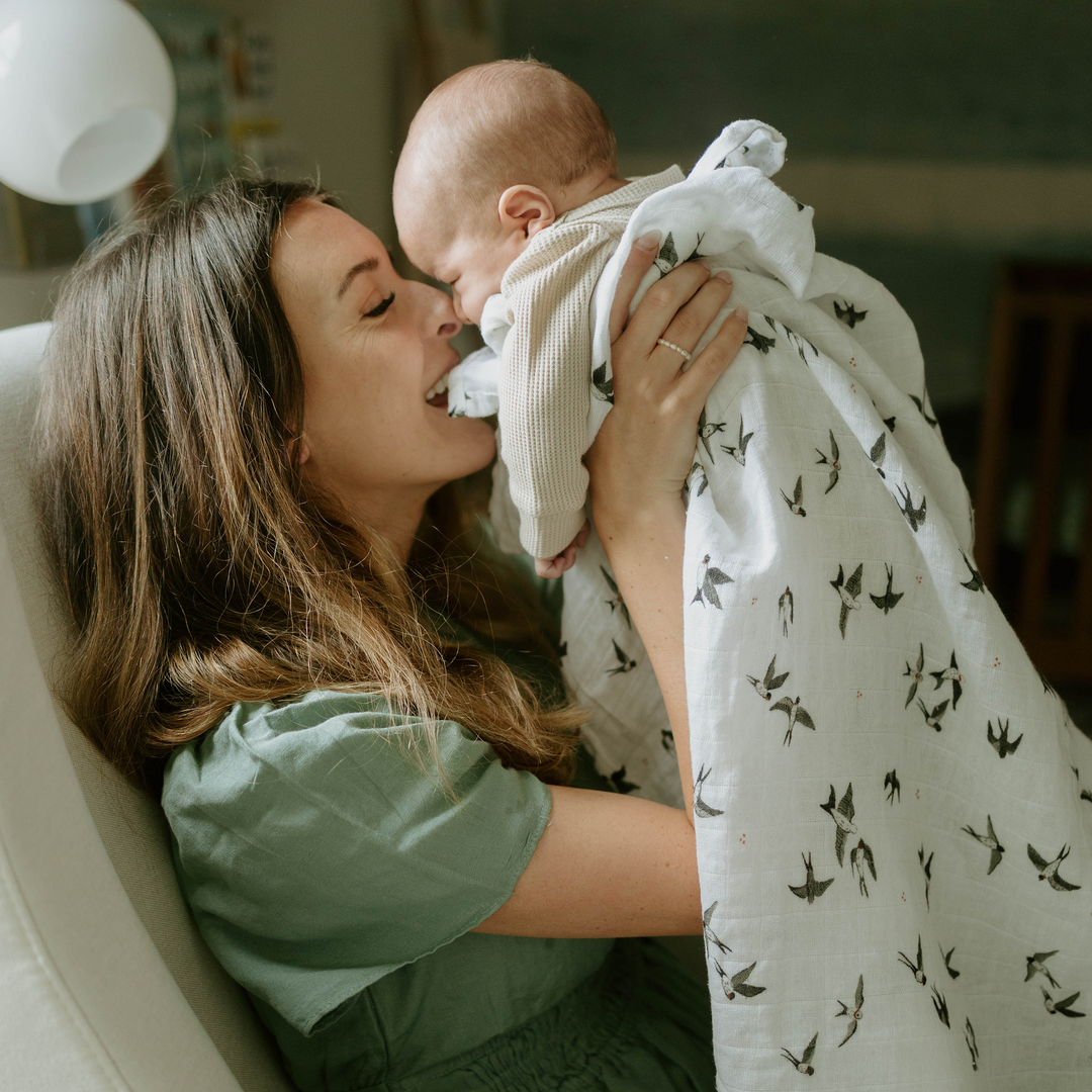 Little Unicorn Organic Cotton Muslin Swaddle Blanket in Swallows, versatile swaddle cloth muslin.