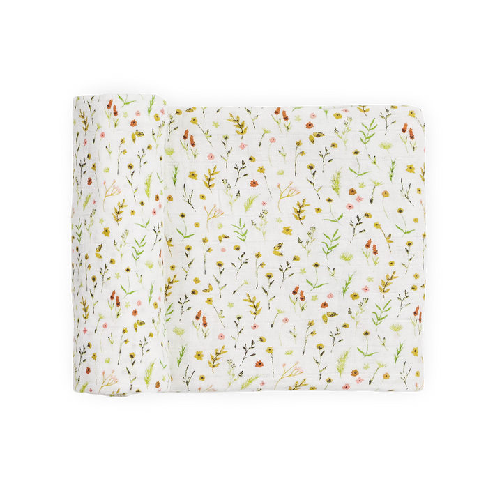 Little Unicorn Organic Cotton Muslin Swaddle Blanket in Floral Field, soft baby blanket for newborns.