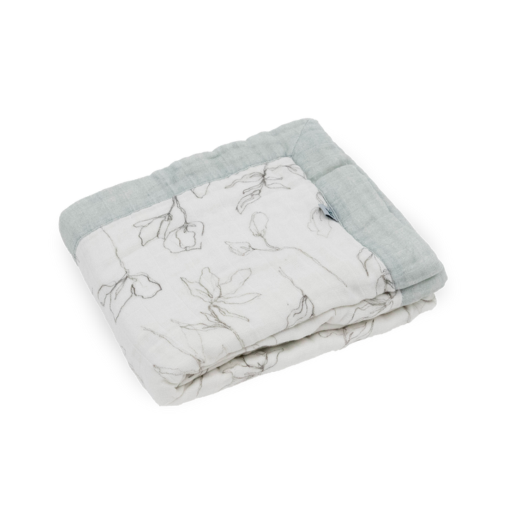 The Little Unicorn Organic Cotton Muslin Baby Quilt - Pencil Floral shown open, a lightweight muslin blanket featuring a soft floral print.