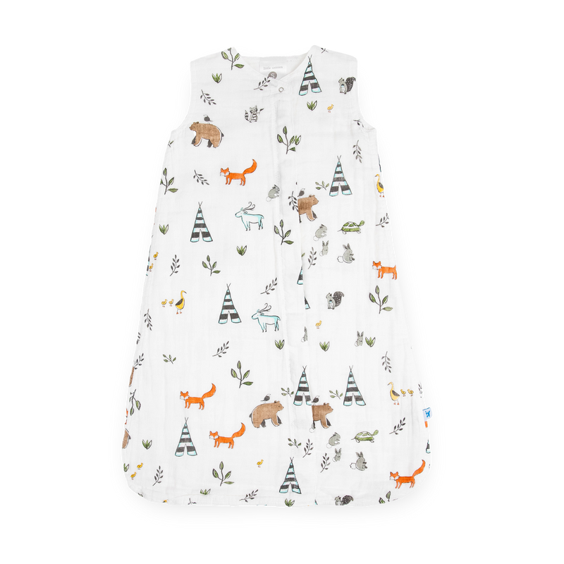 Little Unicorn Cotton Muslin Sleep Bag - Forest Friends shown with woodland animal design, a cozy baby sleep bag for safe slumber.