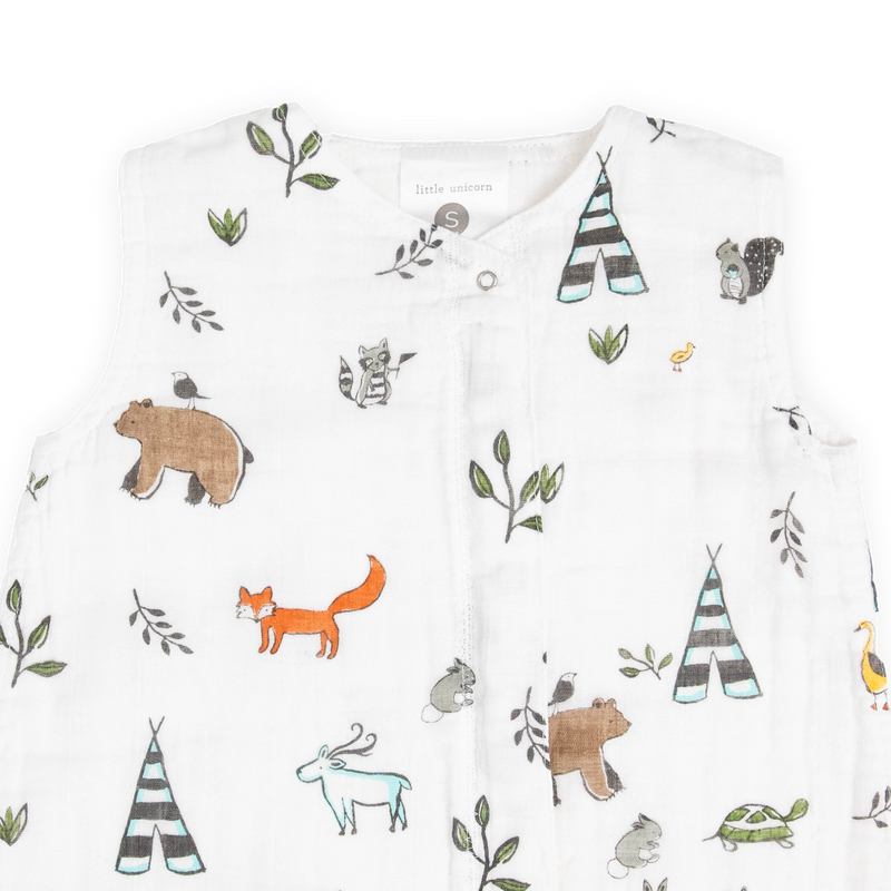 Close-up of Little Unicorn Cotton Muslin Sleep Bag - Forest Friends highlighting soft, breathable fabric for comfortable baby sleeping.