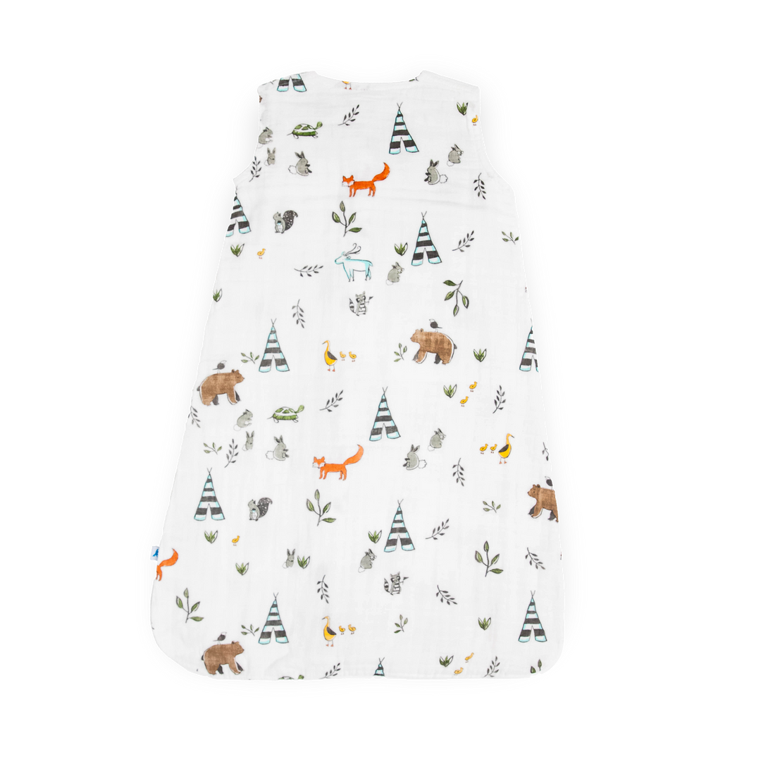 Little Unicorn Cotton Muslin Sleep Bag - Forest Friends displayed flat, crafted from lightweight muslin for everyday baby sleeping bags.