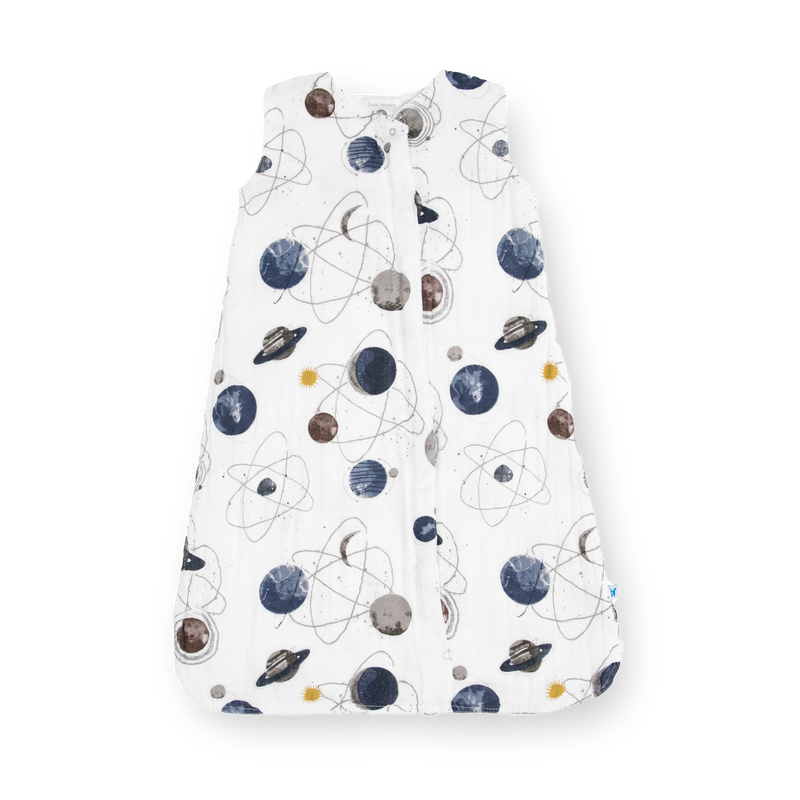 Little Unicorn Cotton Muslin Sleep Bag - Planetary in galaxy print, cozy baby sleep bag for safe naps.