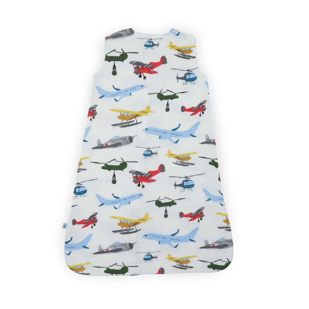 Little Unicorn Cotton Muslin Sleep Bag - Air Show, baby sleep bag in soft muslin with colorful planes.