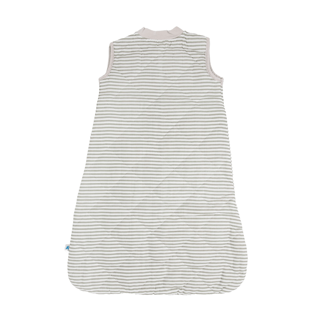 Flat lay showing Little Unicorn Cotton Muslin Quilted Sleep Bag - Grey Stripe, lightweight and gentle baby sleeping bags.