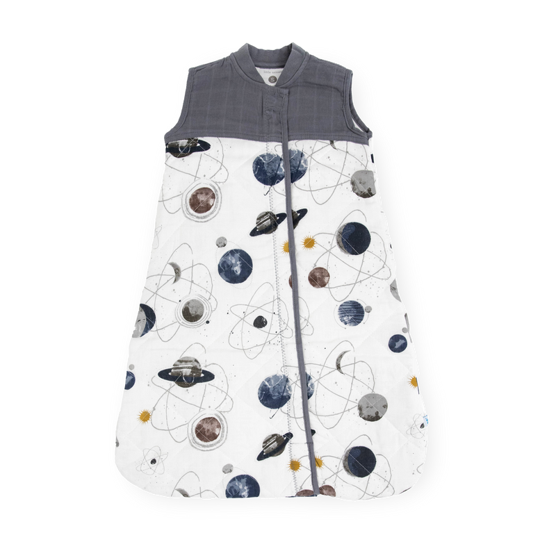 Little Unicorn Cotton Muslin Quilted Sleep Bag - Planetary with starry galaxy print, cozy baby sleep bag for naps.