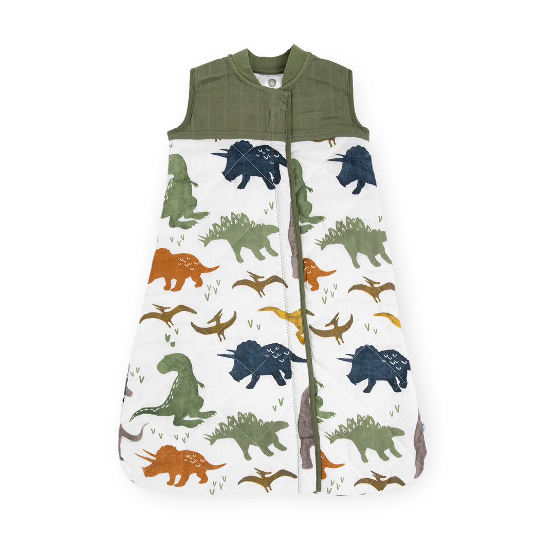 Little Unicorn Cotton Muslin Quilted Sleep Bag – Dino Friends, soft baby sleeping bag for cozy naps.