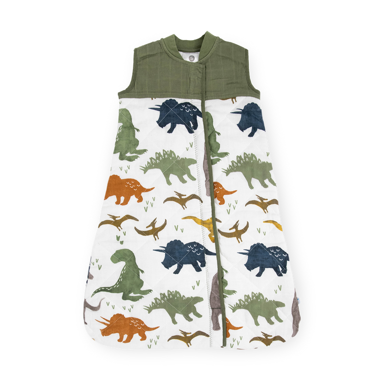Little Unicorn Cotton Muslin Quilted Sleep Bag – Dino Friends, soft baby sleeping bag for cozy naps.