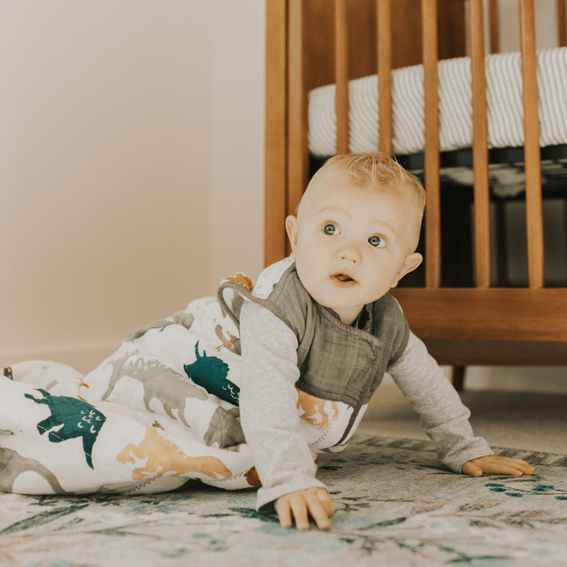 Little Unicorn Dino Friends baby sleeping bags, breathable and soft for bedtime.