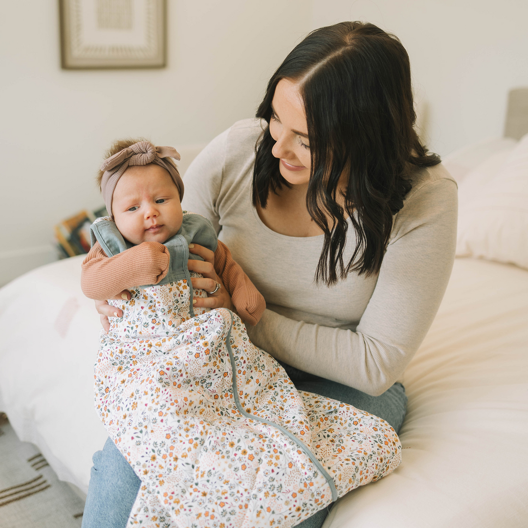 Detail of Little Unicorn Cotton Muslin Quilted Sleep Bag - Pressed Petals, soft quilted muslin fabric as a gentle sleep bag baby.