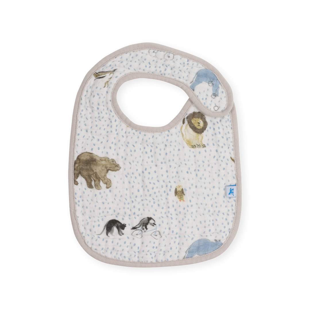 Close-up of Little Unicorn Cotton Muslin Classic Bib 3 Pack - Party Animals highlighting soft fabric and cute prints, ideal baby bib.