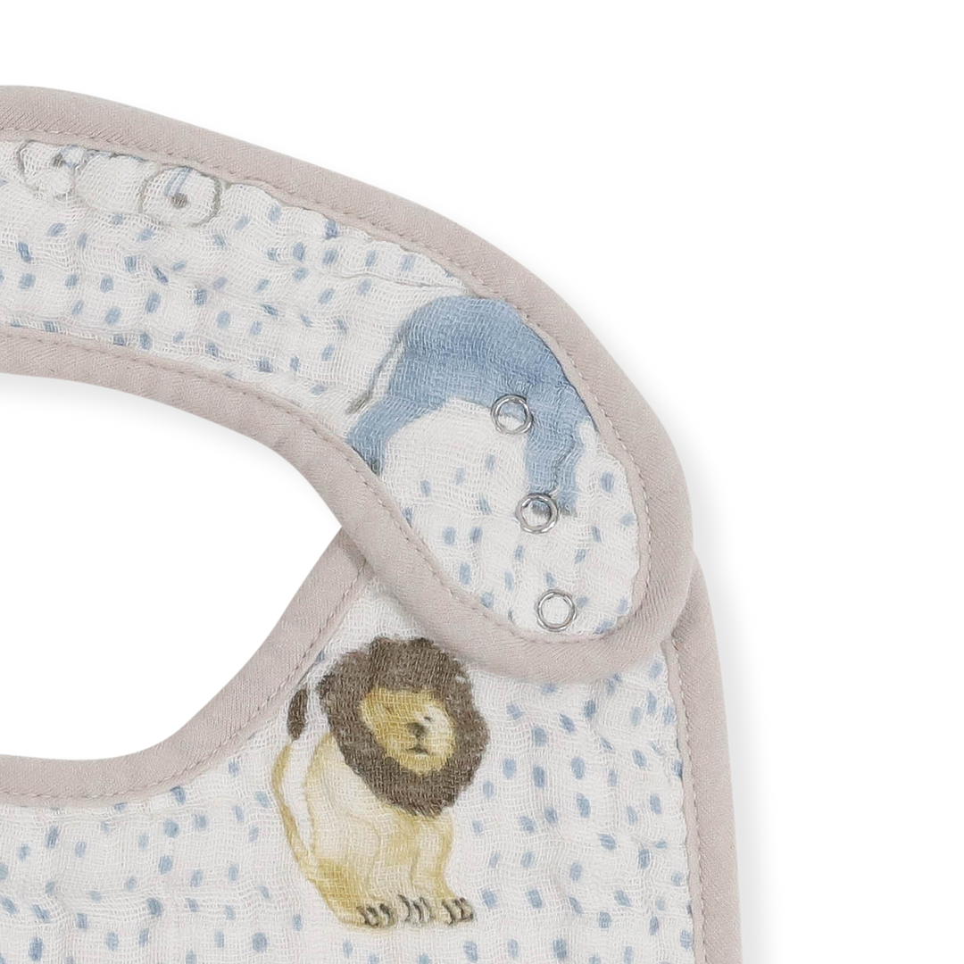 Little Unicorn Cotton Muslin Classic Bib 3 Pack - Party Animals displayed flat, stylish and functional bibs for babies.