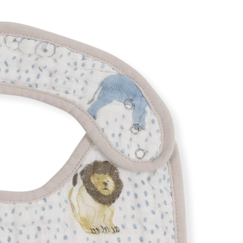 Little Unicorn Cotton Muslin Classic Bib 3 Pack - Party Animals displayed flat, stylish and functional bibs for babies.