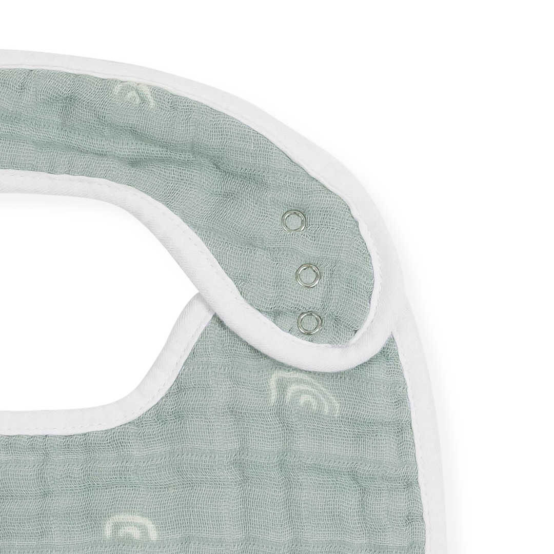 Little Unicorn Cotton Muslin Classic Bib 3 Pack - Party Animals hanging view showing adjustable snaps, perfect bib baby option.