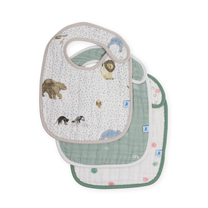 Little Unicorn Cotton Muslin Classic Bib 3 Pack - Party Animals shown in a playful design, perfect baby bibs for everyday messes.