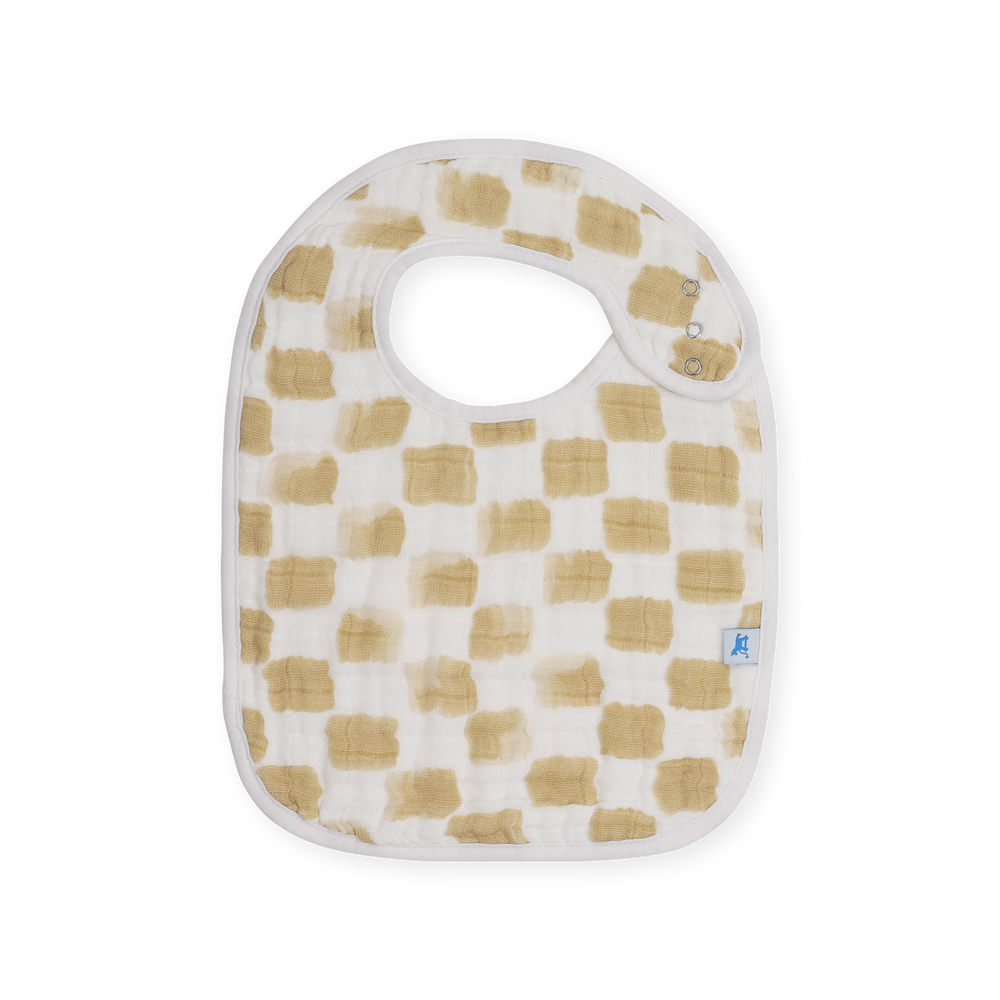 Close-up of Little Unicorn Cotton Muslin Classic Bib 3 Pack - Adobe Checker highlighting texture and snaps, perfect bib for baby.