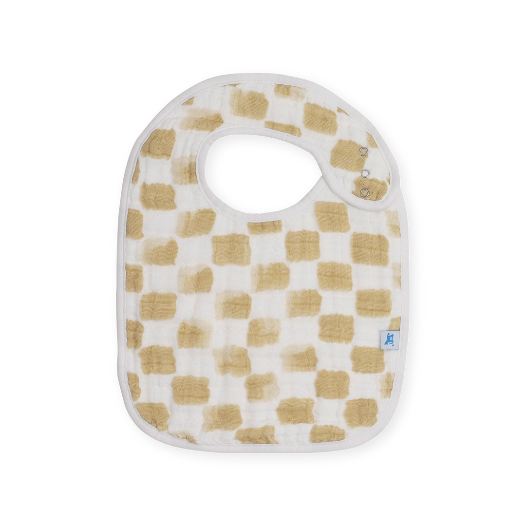 Close-up of Little Unicorn Cotton Muslin Classic Bib 3 Pack - Adobe Checker highlighting texture and snaps, perfect bib for baby.
