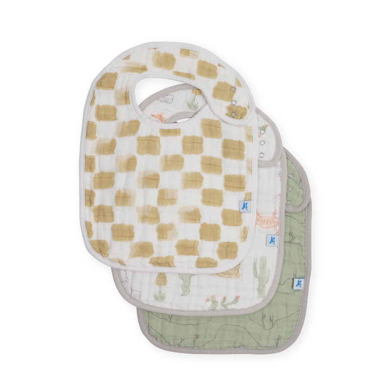 Little Unicorn Cotton Muslin Classic Bib 3 Pack - Adobe Checker displayed folded neatly, stylish and soft baby bibs for everyday use.