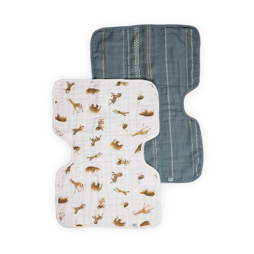 Soft Little Unicorn Organic Cotton Muslin Burp Cloth 2 Pack - Animal Crackers + Stillwater Stitch, ideal burp cloth for baby care.