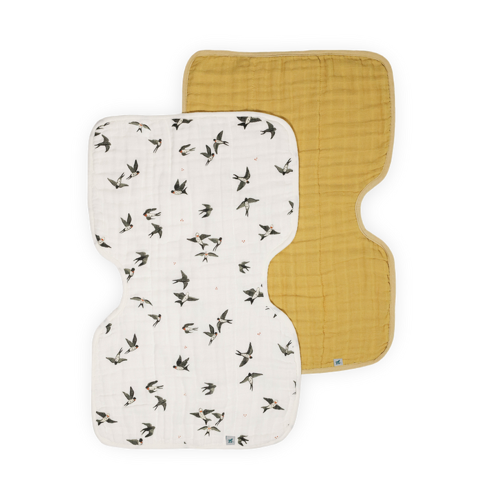 Soft Little Unicorn Organic Cotton Muslin Burp Cloth 2 Pack - Swallows + Wheat, ideal burp cloth for baby care.