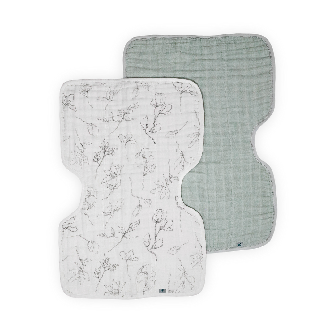 Soft Little Unicorn Organic Cotton Muslin Burp Cloth 2 Pack - Pencil Floral + White Sage, perfect burp cloth for baby care.