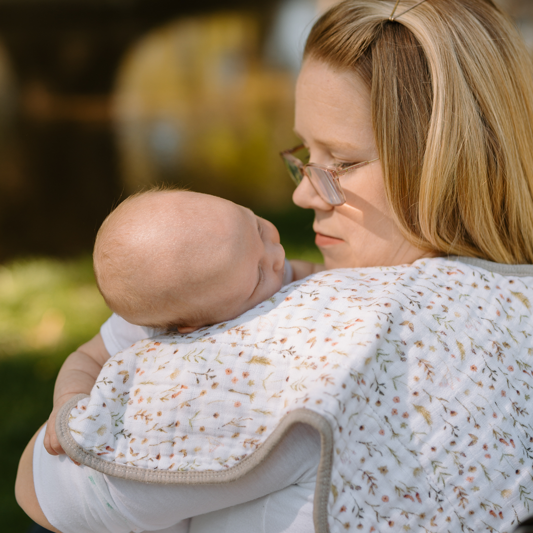 Absorbent Little Unicorn Organic Cotton Muslin Burp Cloth 2 Pack - Floral Field + Driftwood, ideal burping cloths for newborns.