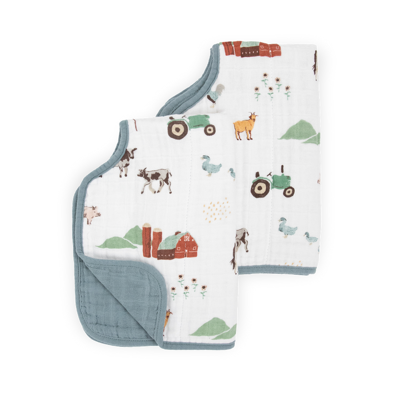 2-pack baby burp cloths by Little Unicorn in Farmyard print, ideal for newborns