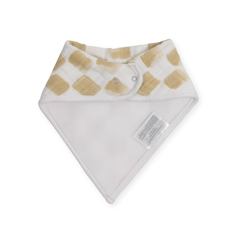 Little Unicorn Cotton Muslin + Fleece Bandana Bib 4 Pack - Adobe Checker laid flat, stylish neutral tones ideal for baby girl bibs.