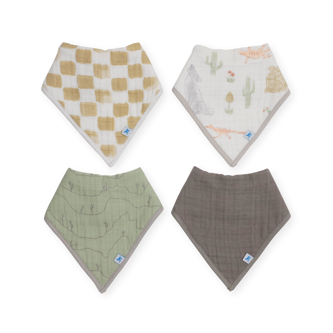 Little Unicorn Cotton Muslin + Fleece Bandana Bib 4 Pack - Adobe Checker displayed neatly, modern and soft baby bibs for everyday wear.
