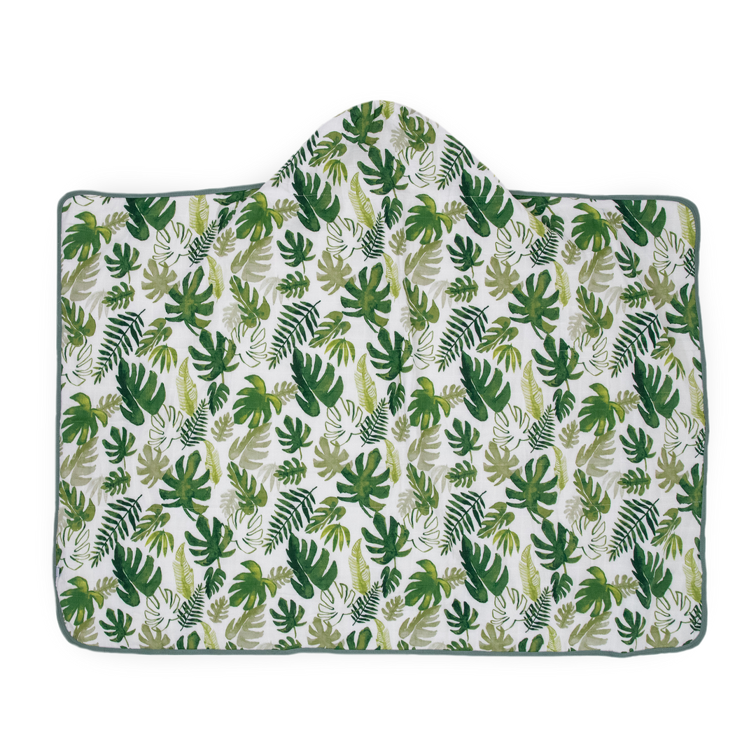 Little Unicorn baby hooded towel in Tropical Leaf print, perfect for post-bath snuggles