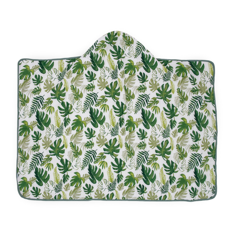 Little Unicorn baby hooded towel in Tropical Leaf print, perfect for post-bath snuggles
