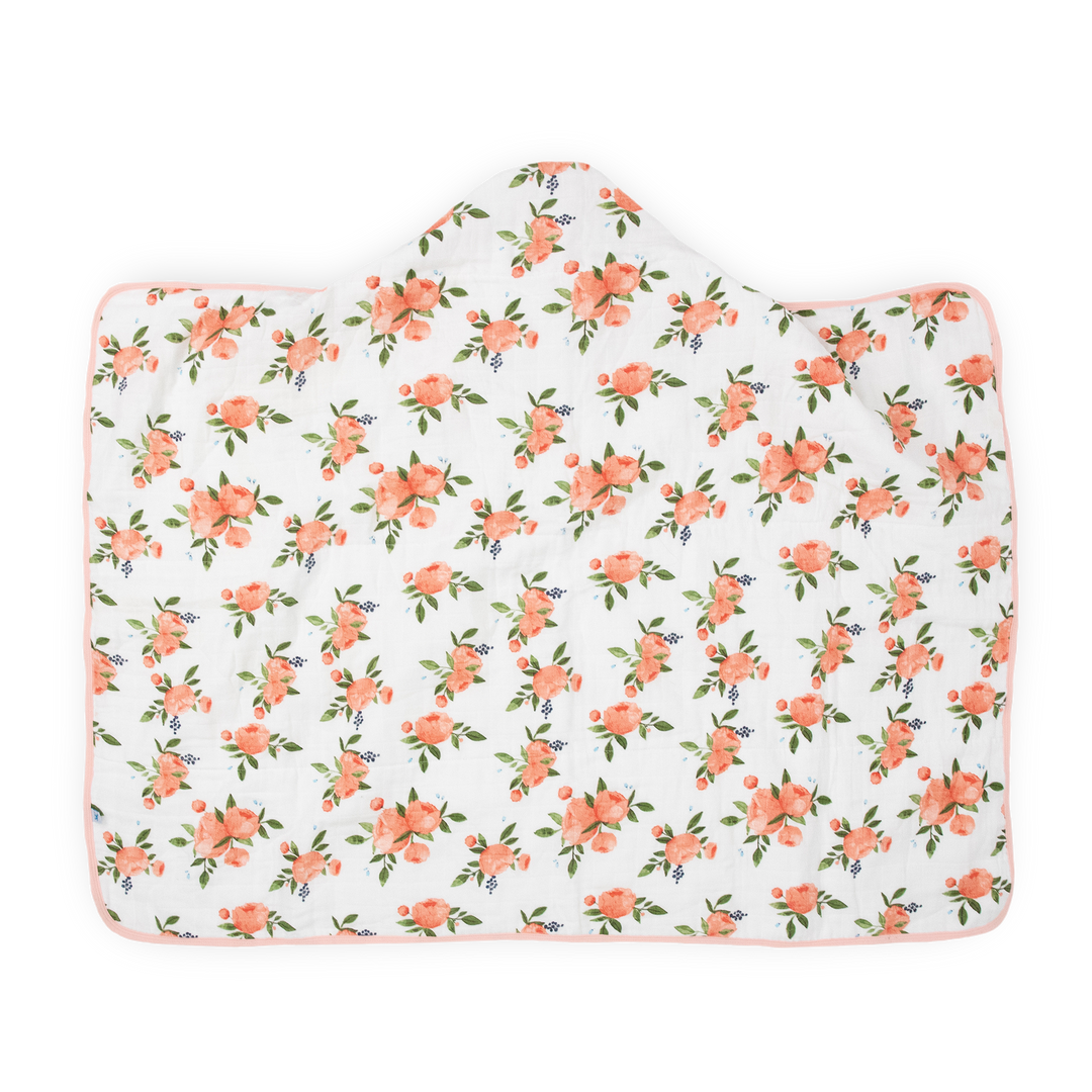 Little Unicorn baby hooded towel in Watercolor Roses print, perfect for post-bath snuggles