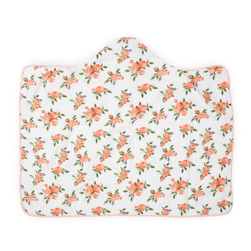 Little Unicorn baby hooded towel in Watercolor Roses print, perfect for post-bath snuggles